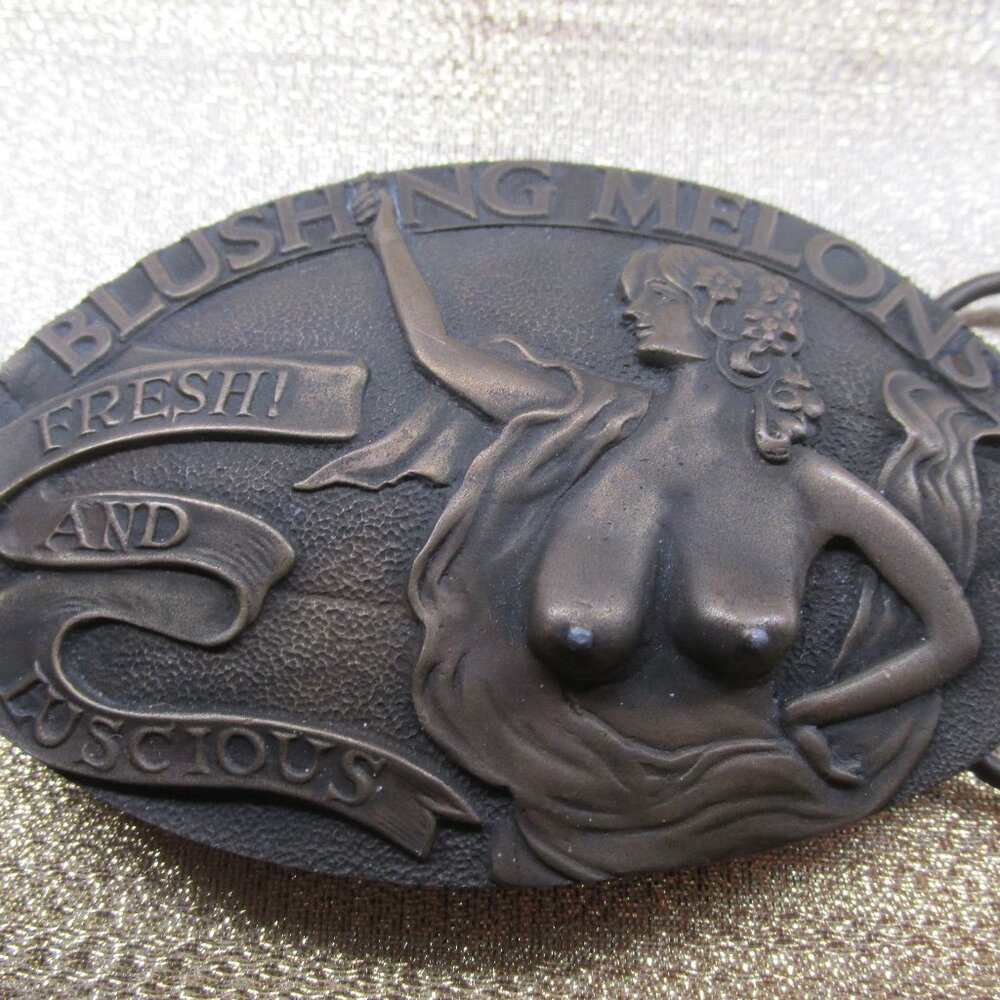 Vintage 1977 Brass Belt Buckle Blushing Melons Fresh! And Luscious